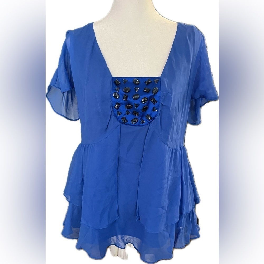 Simply Chloe Dao Royal Blue Silk Beaded Peplum Top S Evening Blouse Party
